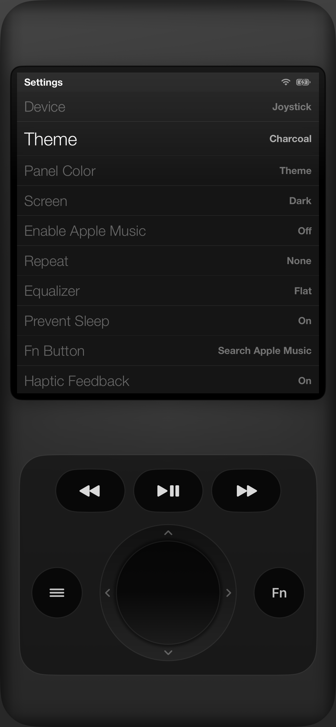 Jam-Pod for iPhone Settings screen, Classic interface, Joystick control, Charcoal theme