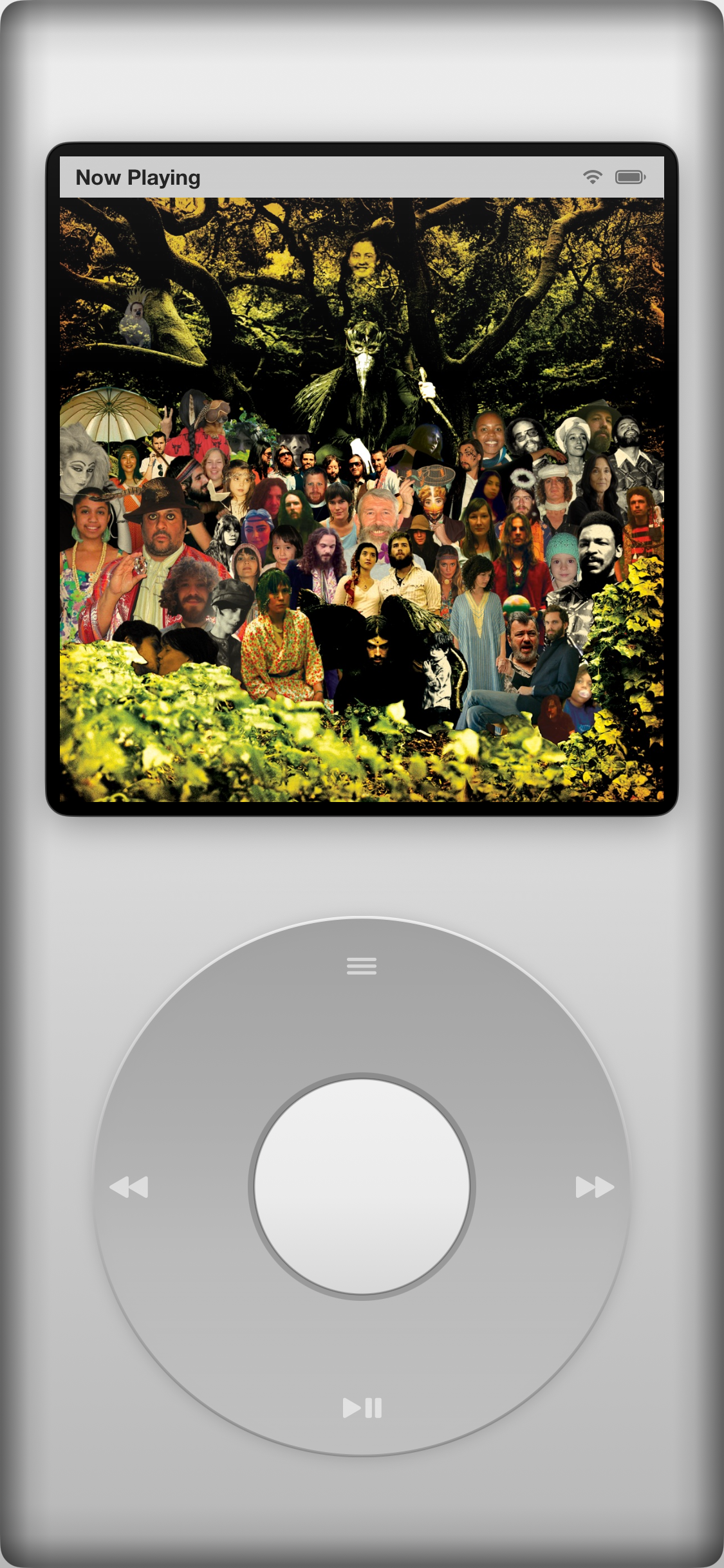 Jam-Pod for iPhone Now Playing screen in White theme, click wheel control