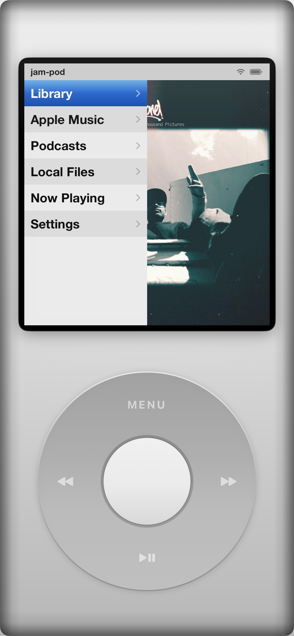 Jam-Pod main menu with album art preview