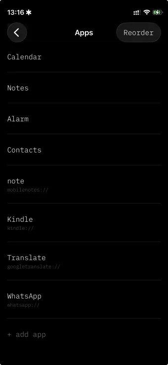 MIM apps settings showing custom URL scheme apps like Kindle, Translate, and WhatsApp