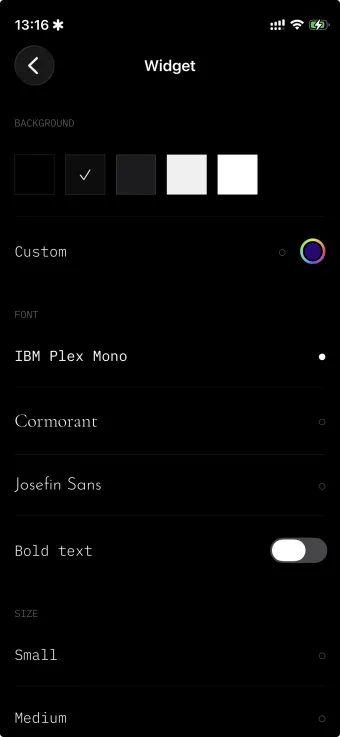 MIM widget appearance settings: background, font, and size